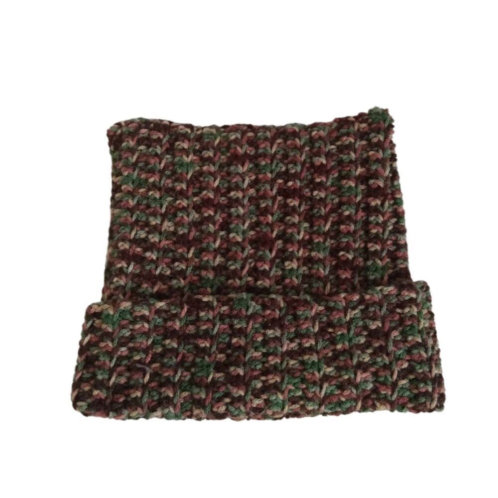 Handmade Oversized Multicolored Woodland Camo Cat Ear Crochet Beanie One Size